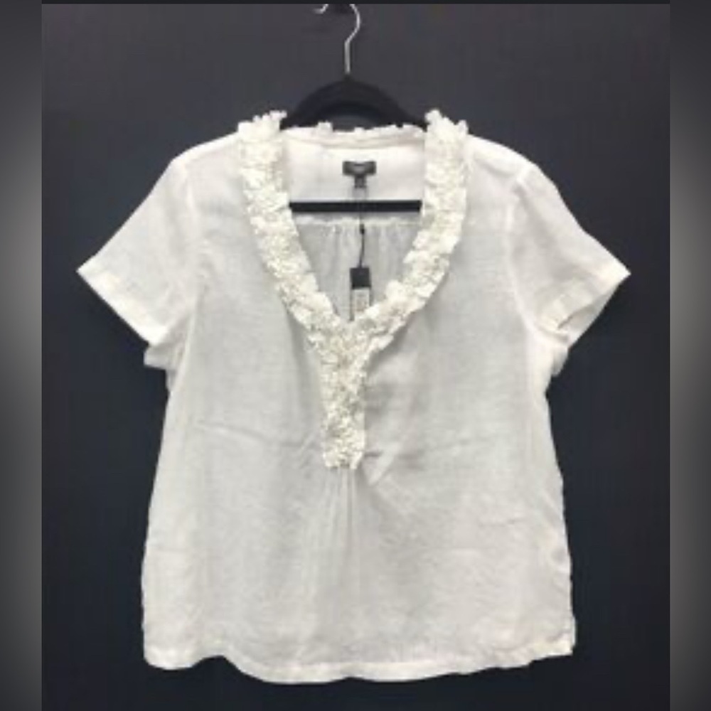 TALBOTS  white Linem blouse with a ruffled V-neckline size 12 NWT